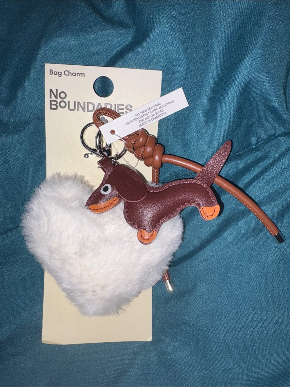 No Boundaries - Brown Dachshund Keychain with White Heart Pom & Brown Cord w/